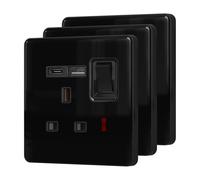 BSEED Plug Socket with 20 W USB-C Fast Charging,Switched Wall Plug,Indicator Light,Glass Panel,UK Standard Electric Power,1 Gang-3 Pack,86mm Black
