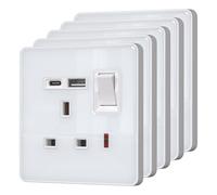 BSEED Plug Socket with 20 W USB-C Fast Charging,Switched Wall Plug,Indicator Light,Glass Panel,UK Standard Electric Power,1 Gang-5 Pack,86mm White