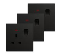 BSEED Single Socket 3 Pack, Electrical Single Switched Power Plug Wall Socket with LED Indicator, PC Wall Plate Outlet, Black, 13A