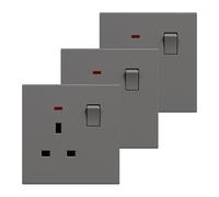 BSEED Single Socket 3 Pack, Electrical Single Switched Power Plug Wall Socket with LED Indicator, PC Wall Plate Outlet, Grey, 13A