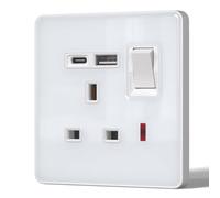 BSEED Single Socket with 20W USB-C Fast Charging,Glass Switched Wall Socket,LED Indicator Light,UK Standard 13A Electric Power Outlet,Screws Included,1 Gang(20W),86mm White