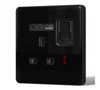 BSEED Single Socket with 20W USB-C Fast Charging,Glass Switched Wall Socket,LED Indicator Light,UK Standard 13A Electric Power Outlet,Screws Included,1 Gang(20W),86mm Black