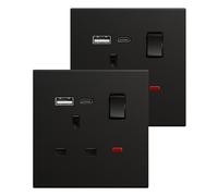 BSEED Single Socket with USB C 2 Pack, Electrical Single Switched Power Plug Wall Socket with LED Indicator, PC Wall Plate Outlet, Black, 13A