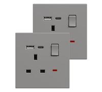 BSEED Single Socket with USB C 2 Pack, Electrical Single Switched Power Plug Wall Socket with LED Indicator, PC Wall Plate Outlet, Grey, 13A