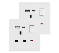 BSEED Single Socket with USB C 2 Pack, Electrical Single Switched Power Plug Wall Socket with LED Indicator, PC Wall Plate Outlet, White, 13A