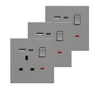 BSEED Single Socket with USB C 3 Pack, Electrical Single Switched Power Plug Wall Socket with LED Indicator, PC Wall Plate Outlet, Grey, 13A
