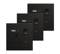 BSEED Single Socket with USB C 3 Pack, Electrical Single Switched Power Plug Wall Socket with LED Indicator, PC Wall Plate Outlet, Black, 13A