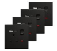 BSEED Single Socket with USB C 4 Pack, Electrical Single Switched Power Plug Wall Socket with LED Indicator, PC Wall Plate Outlet, Black, 13A