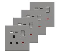 BSEED Single Socket with USB C 4 Pack, Electrical Single Switched Power Plug Wall Socket with LED Indicator, PC Wall Plate Outlet, Grey, 13A