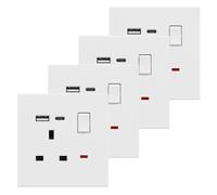 BSEED Single Socket with USB C 4 Pack, Electrical Single Switched Power Plug Wall Socket with LED Indicator, PC Wall Plate Outlet, White, 13A