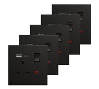 BSEED Single Socket with USB C 5 Pack, Electrical Single Switched Power Plug Wall Socket with LED Indicator, PC Wall Plate Outlet, Black, 13A