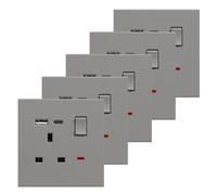 BSEED Single Socket with USB C 5 Pack, Electrical Single Switched Power Plug Wall Socket with LED Indicator, PC Wall Plate Outlet, Grey, 13A