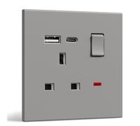 BSEED Single Socket with USB C, Electrical Single Switched Power Plug Wall Socket with LED Indicator, PC Wall Plate Outlet, Grey, 13A