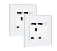 BSEED Single Switched Socket with Two USB Charging Ports, UK Standard Electric Power Sockets with Glass Panel, 1 Gang Wall 13A Socket, White, 2 Pack