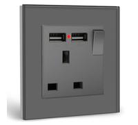 BSEED Single Switched Socket with Two USB Charging Ports, UK Standard Electric Power Sockets with Glass Panel, 1 Gang Wall 13A Socket, Grey