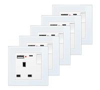 BSEED Single Switched Socket with USB C and USB A Charging Ports, UK Standard Electric Power Sockets with Glass Panel, 1 Gang Wall 13A Socket, White, 5 Pack