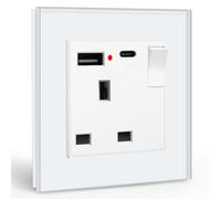 BSEED Single Switched Socket with USB C and USB A Charging Ports, UK Standard Electric Power Sockets with Glass Panel, 1 Gang Wall 13A Socket, White