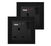 BSEED Single Switched Socket with USB C and USB A Charging Ports, UK Standard Electric Power Sockets with Glass Panel, 1 Gang Wall 13A Socket, Black, 2 Pack