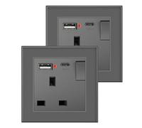 BSEED Single Switched Socket with USB C and USB A Charging Ports, UK Standard Electric Power Sockets with Glass Panel, 1 Gang Wall 13A Socket, Grey, 2 Pack