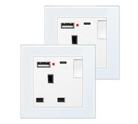 BSEED Single Switched Socket with USB C and USB A Charging Ports, UK Standard Electric Power Sockets with Glass Panel, 1 Gang Wall 13A Socket, White, 2 Pack