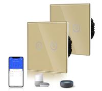 BSEED Smart Light Switch,Touch Switches for Lights,Glass Panel with Backlit,Works with Alexa & Google Assistant,Neutral Wire Required,2 Gang 2 Way(2 Pack),86mm Gold