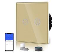 BSEED Smart Light Switch,WiFi Touch Glass Switch for 2.4G Network,Alexa Switches with LED Indicator,Control by SmartLife APP,Neutral Wire Required,2 Gang-Need Neutral,86mm Gold