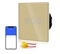 BSEED Smart Light Switch,Wifi Touch Wall Switches With Glass Panel,Alexa Switch with LED Indicator,Control by SmartLife APP,Without Neutral Wire,3 Gang-NO Neutral,86mm Gold