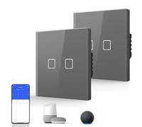 BSEED Smart Touch Light Switch,WIFI Rocker Wall Light Switches with Glass Panel,Push-button with LED Backlight,Horizontal & Vertical Mounting,Neutral Wire Required,2 Gang 2 Way-2 Pack,86mm Grey