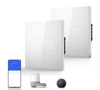 BSEED Smart Touch Light Switch,WIFI Rocker Wall Light Switches with Glass Panel,Push-button with LED Backlight,Horizontal & Vertical Mounting,Neutral Wire Required,2 Gang 2 Way-2 Pack,86mm White