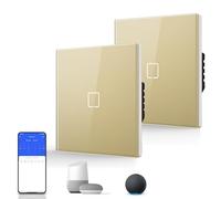 BSEED Smart Touch Light Switch,WIFI Rocker Wall Light Switches with Glass Panel,Push-button with LED Backlight,Horizontal & Vertical Mounting,Neutral Wire Required,1 Gang 2 Way-2 Pack,86mm Gold