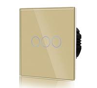 BSEED Touch Light Switch,Standard Touch Sensitive Bathroom Switchs,Tempered Glass Panel with LED Backlight, No Neutral Wire Needed,3 Gang 1 Way,Gold 86mm