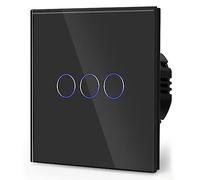 BSEED Touch Light Switch,Standard Touch Sensitive Bathroom Switchs,Tempered Glass Panel with LED Backlight, No Neutral Wire Needed,3 Gang 2 Way,Black 86mm