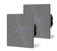 BSEED Touch Light Switch,Standard Touch Sensitive Bathroom Switchs,Tempered Glass Panel with LED Backlight, No Neutral Wire Needed,3 Gang 2 Way-2 Pack,Gray 86mm