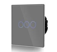 BSEED Touch Light Switch,Standard Touch Sensitive Bathroom Switchs,Tempered Glass Panel with LED Backlight, No Neutral Wire Needed,3 Gang 2 Way,Gray 86mm