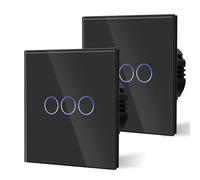 BSEED Touch Light Switch,Standard Touch Sensitive Bathroom Switchs,Tempered Glass Panel with LED Backlight, No Neutral Wire Needed,3 Gang 2 Way-2 Pack,Black 86mm