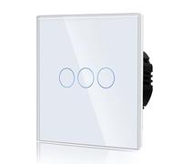 BSEED Touch Light Switch,Standard Touch Sensitive Bathroom Switchs,Tempered Glass Panel with LED Backlight, No Neutral Wire Needed,3 Gang 2 Way,White 86mm