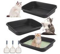 Bsenogou 3 Pcs Low Entry Senior Cat Litter Box with Scoop, Extra Large Black Plastic Modern Open Top Cat Litter Box for Senior, Disabled, or Elderly Cats