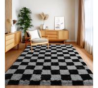 BSGIFT High Pile Rug, Fluffy Checked 120 x 160 cm, Plush Rug, Shaggy Long Pile for Bedroom, Living Room, Children's Room, Modern Living Room Rug, Bed Rug, Non-Slip, Black and Grey