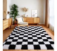 BSGIFT High Pile Rug, Fluffy Checked 140 x 200 cm, Plush Shaggy Long Pile Rug for Bedroom, Living Room, Children's Room, Modern Living Room Rug, Bed Rug, Non-Slip, Black and White