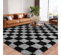 BSGIFT High Pile Rug, Fluffy Checked 160 x 230 cm, Plush Rug, Shaggy Long Pile for Bedroom, Living Room, Children's Room, Modern Living Room Rug, Bed Rug, Non-Slip, Black and Grey