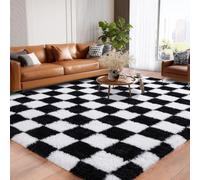 BSGIFT High Pile Rug, Fluffy Checked 160 x 230 cm, Plush Shaggy Long Pile Rug for Bedroom, Living Room, Children's Room, Modern Living Room Rug, Bed Rug, Non-Slip, Black and White