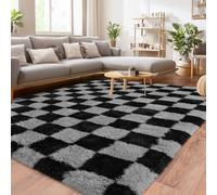 BSGIFT High Pile Rug, Fluffy Checked 200 x 300 cm, Plush Rug, Shaggy Long Pile for Bedroom, Living Room, Children's Room, Modern Living Room Rug, Bed Rug, Non-Slip, Black and Grey