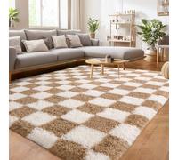 BSGIFT High Pile Rug, Fluffy Checked 200 x 300 cm, Plush Rug, Shaggy Long Pile for Bedroom, Living Room, Children's Room, Modern Living Room Rug, Bed Rug, Non-Slip, Cream and Brown