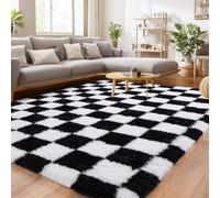 BSGIFT High Pile Rug, Fluffy Checked 240 x 340 cm, Plush Shaggy Long Pile Rug for Bedroom, Living Room, Children's Room, Modern Living Room Rug, Bed Rug, Non-Slip, Black and White