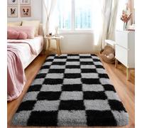 BSGIFT High Pile Rug, Fluffy Checked Runner, Plush Rug, Shaggy Long Pile Rug for Bedroom, Living Room, Children's Room, Modern Living Room Rug, Bed Rug, Non-Slip, Black and Grey, 80 x 150 cm
