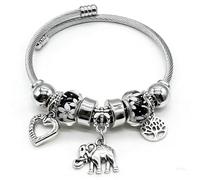 Bshpima Silver Women's Charm Bracelet - Adjustable Titanium Steel Bangle with Tree of Life/Heart/Bear Pendants & Crystal Beads, Love Theme Jewelry Kit, Perfect Christmas Birthday Gift Favors, One Size