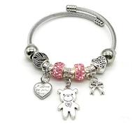 Bshpima Silver Women's Charm Bracelet - Adjustable Titanium Steel Bangle with Tree of Life/Heart/Bear Pendants & Crystal Beads, Love Theme Jewelry Kit, Perfect Christmas Birthday Gift Favors, One Size