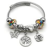 Bshpima Silver Women's Charm Bracelet - Adjustable Titanium Steel Bangle with Tree of Life/Heart/Bear Pendants & Crystal Beads, Love Theme Jewelry Kit, Perfect Christmas Birthday Gift Favors, One Size