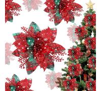 BSITSSS 10 PCS Poinsettia Christmas Decorations, Green Red Checkered Poinsettia Artificial Flowers, Christmas Tree Flowers for Xmas Tree Wedding New Year Xmas Garland Wreath Decoration