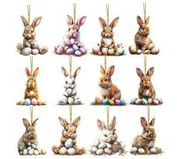 BSITSSS 12 PCS Easter Decorations, Bunny Eggs Ornaments Wooden, Cute Easter Eggs Rabbit Hanging Ornaments for Spring Holiday Home Garden Decor Arts Crafts Party Supplies Gifts